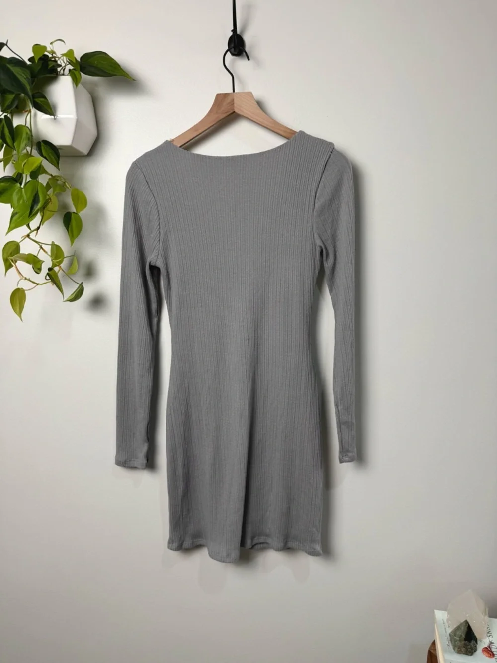 LE LIS Ribbed Cutout Mini Dress Gray Long Sleeve Tie Front Bodycon Size M